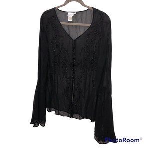 Newport News 100% silk STUNNING beaded flare cuff top PLUS 18